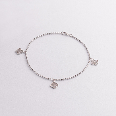 Серебряный браслет "Клевер" на ногу (фианиты) 141807