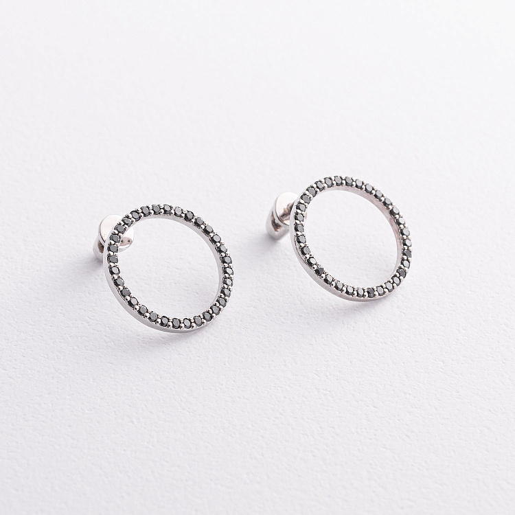 Золотые серьги - пусеты "Круговорот" (черные бриллианты) сб0485м от ювелирного магазина Оникс - 1