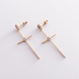 Сережки - пусети "Хрести" в жовтому золоті (фіаніти) с07369