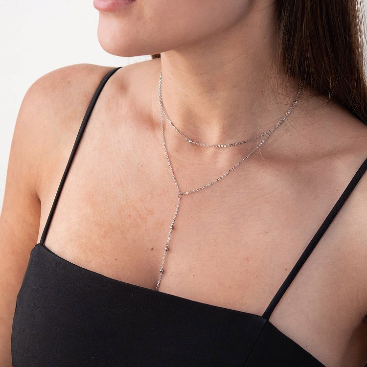 Подвійне срібне кольє - краватка з кульками 181167 від ювелірного магазину Онікс - 1