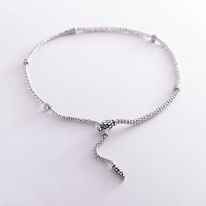 Колье "Змея" в белом золоте (фианит, эмаль) кол01726