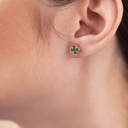 Cерьги - пусеты "Клевер" с малахитом mini (красное золото) с08404 №4