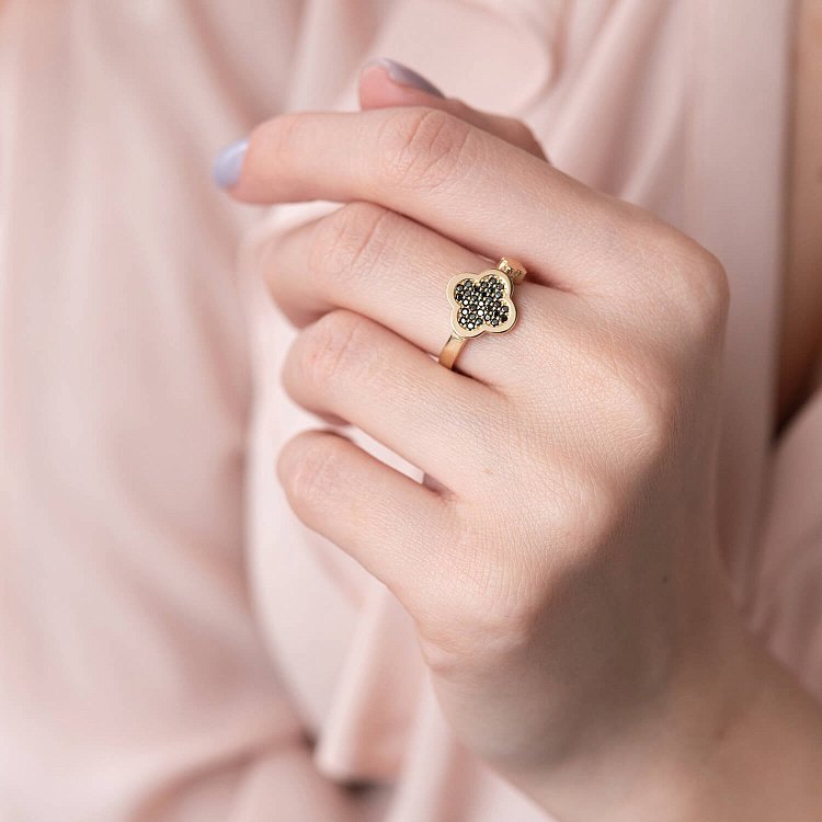 Каблучка "Конюшина" в жовтому золоті (фіаніти) к06991 від ювелірного магазину Онікс - 1