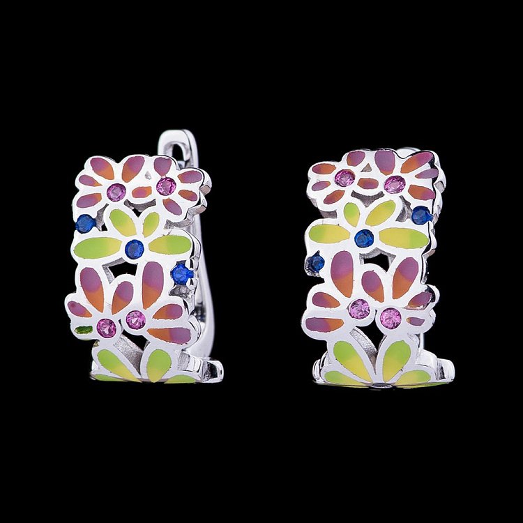 Серебряные серьги с фианитами и эмалью 122001 от ювелирного магазина Оникс - 1