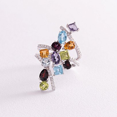 Золотое кольцо (бриллианты, альмандин, аметист, топаз голубой, аквамарин, пироп, цитрин, хризолит)  к661A1