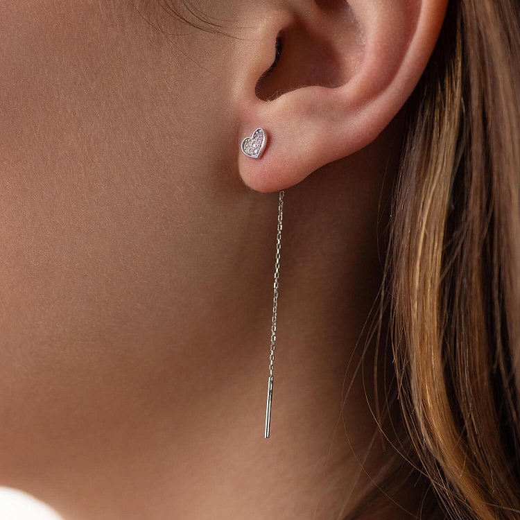 Сережки - протяжки "Сердечки" у білому золоті (фіаніти) с08084 від ювелірного магазину Онікс - 2