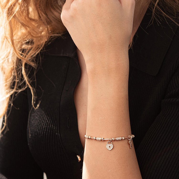 Золотий браслет "Сердечко з ключиком" (фіаніт) б04007 від ювелірного магазину Онікс - 7