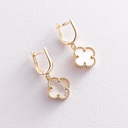 Серьги из желтого золота "Клевер" с перламутром с07113