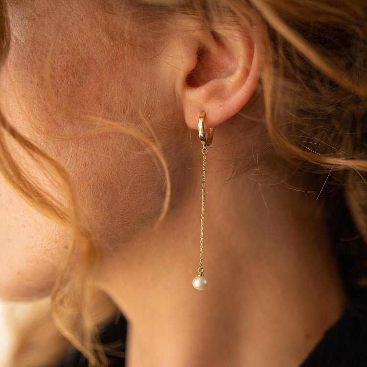 Серьги - кольца "Жемчужина на цепочке" в желтом золоте с08356 от ювелирного магазина Оникс - 9