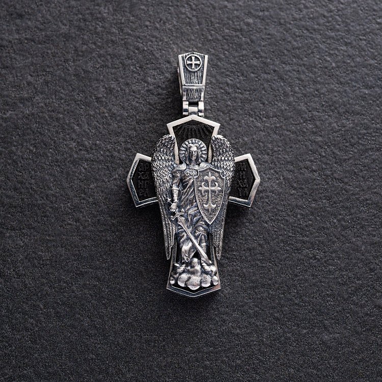 Мужской православный крест "Архангел Михаил" из эбенового дерева и серебра 1445 от ювелирного магазина Оникс