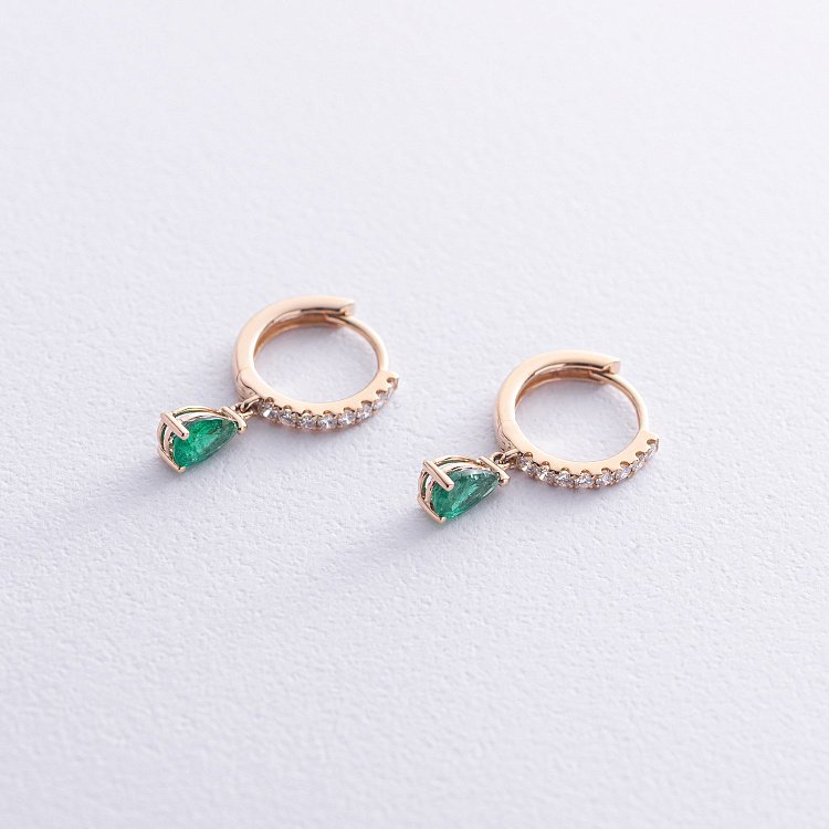 Золоті сережки - кільця "Крапельки" (смарагди, діаманти) сб0515sm від ювелірного магазину Онікс - 2