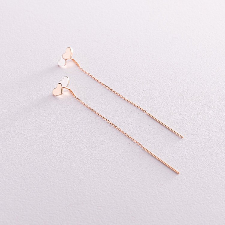 Золотые серьги - протяжки "Сердечки" с08080 от ювелирного магазина Оникс - 1