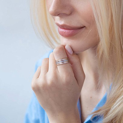 Золота потрійна каблучка з фіанітами к02643 №5