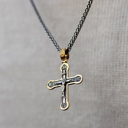 Серебряный крестик "Распятие. Спаси и сохрани" (чернение, позолота) 132527 №4