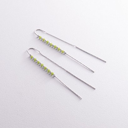 Срібні сережки - протяжки із зеленими каменями 123292