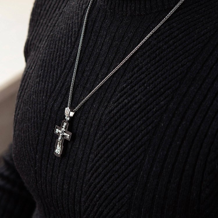 Серебряный крест "Распятие. Пресвятая Богородица" с эбеновым деревом 632 от ювелирного магазина Оникс - 6