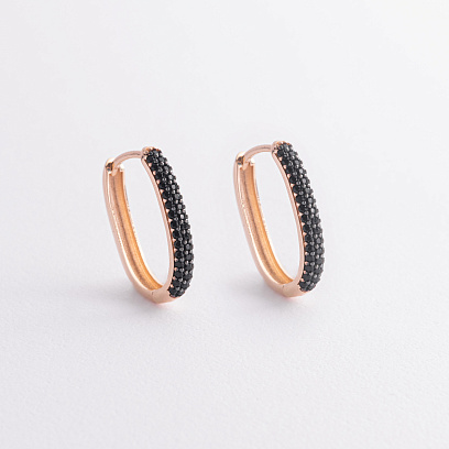 Золоті сережки "Овальні" з чорними фіаніти с09464