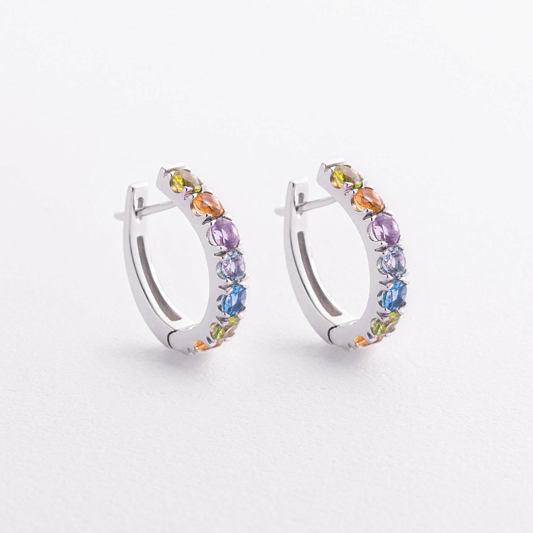 Золоті сережки з доріжкою різнокольорових натуральних каменів с09570 від ювелірного магазину Онікс