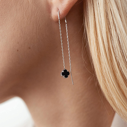 Срібні сережки - протяжки "Конюшина" з оніксом 123173