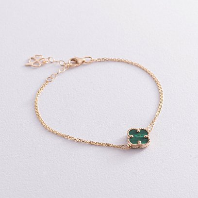 Подвійний браслет "Конюшина" в жовтому золоті (малахіт) б04823