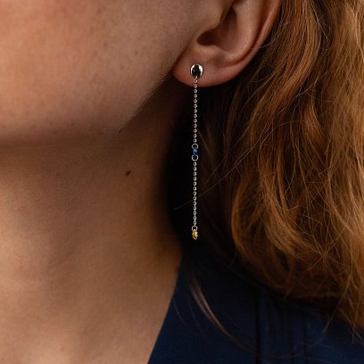 Висячі золоті сережки - пусети "Українка" (блакитні та жовті фіаніти) с08101 №4