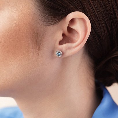 Срібні сережки - пусети з топазами "Лондон блакитний" і фіанітами 2112/9р-TLB №2