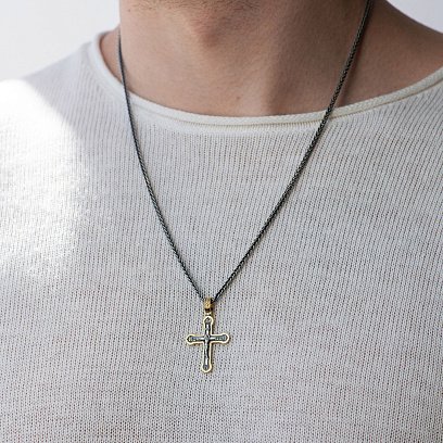 Серебряный крестик "Распятие. Спаси и сохрани" (чернение, позолота) 132527 №2