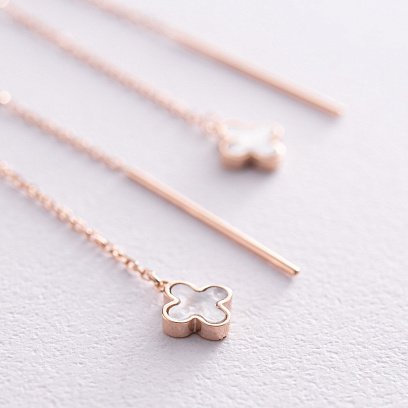 Золоті сережки - протяжки "Конюшина" з перламутром с08149 №3