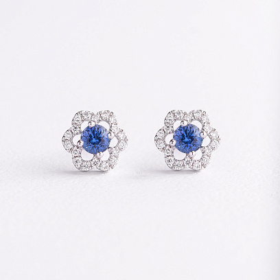 Золотые серьги - пусеты "Цветочки" с бриллиантами и сапфирами сб0670ca