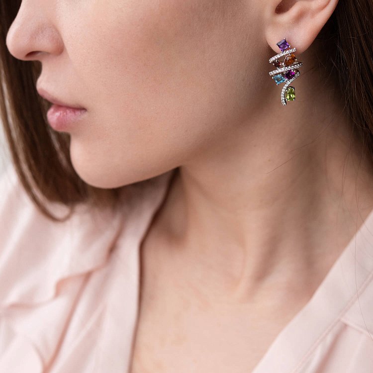 Золоті сережки (діаманти, аметист, топаз блакитний, цитрин, хризоліт, альмандин, піроп) с728 від ювелірного магазину Онікс - 1