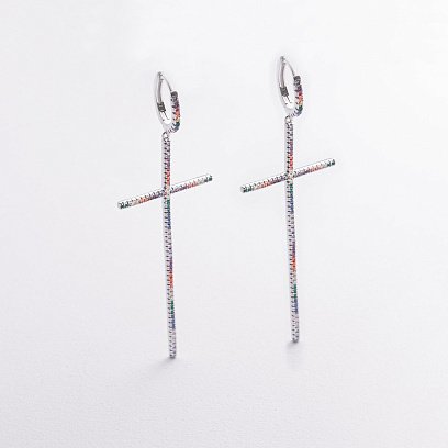 Серебряные серьги "Крестики" с разнозветными фианитами 123484
