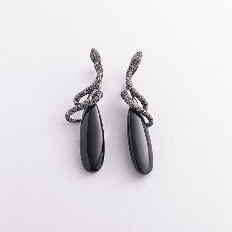 Золотые серьги "Змеи" (оникс, бриллиант) сб0249sth от ювелирного магазина Оникс