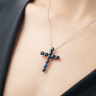 Крестик  в белом золоте с сапфирами пб0387nl №4