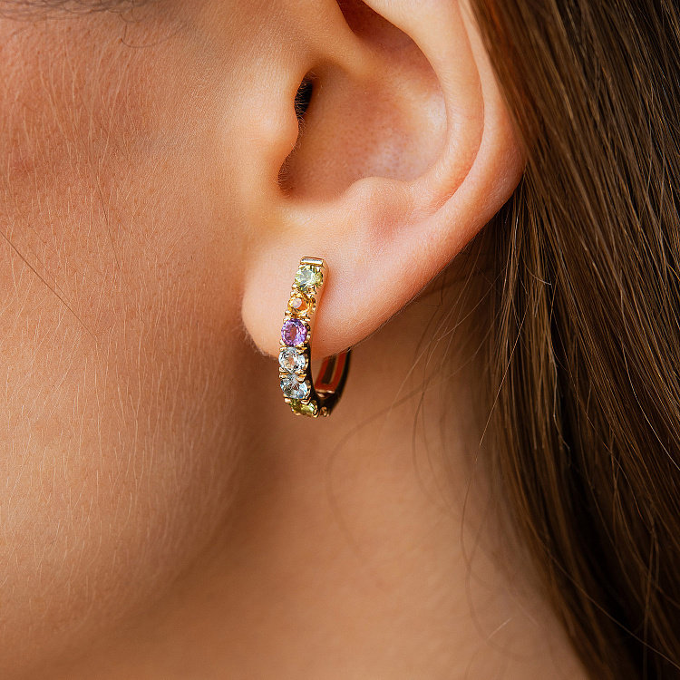 Золоті сережки з доріжкою різнокольорових натуральних каменів с09721 від ювелірного магазину Онікс - 6