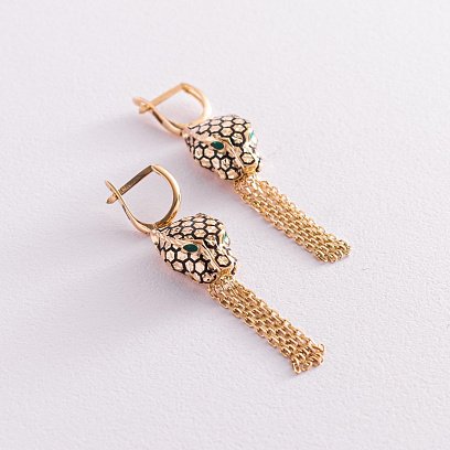 Золоті сережки "Пантери" (емаль, фіаніти) с07711 №3