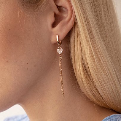 Золоті сережки "Сердечки" з ланцюжками (фіаніти) с07826 №2