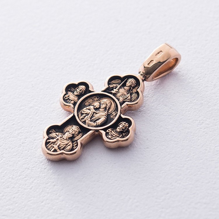 Золотой православный крест "Крестовоздвижение. Донская икона Божией Матери" с чернением п01840 от ювелирного магазина Оникс - 1