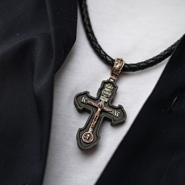 Золотий хрест "Розп'яття. Спаси та Збережи" з ебеновим деревом 631зч від ювелірного магазину Онікс