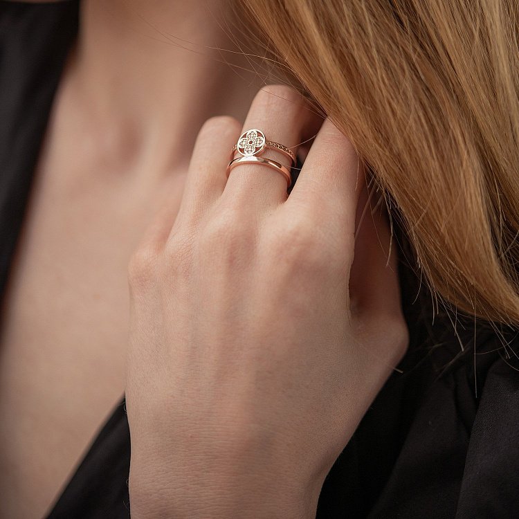 Каблучка "Конюшина" в червоному золоті (жовті фіаніти) к07436 від ювелірного магазину Онікс - 3