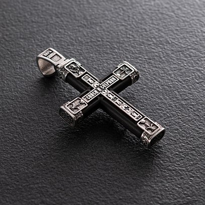 Серебряный крест "Распятие. Спаси и Сохрани" с эбеновым деревом 981 №9