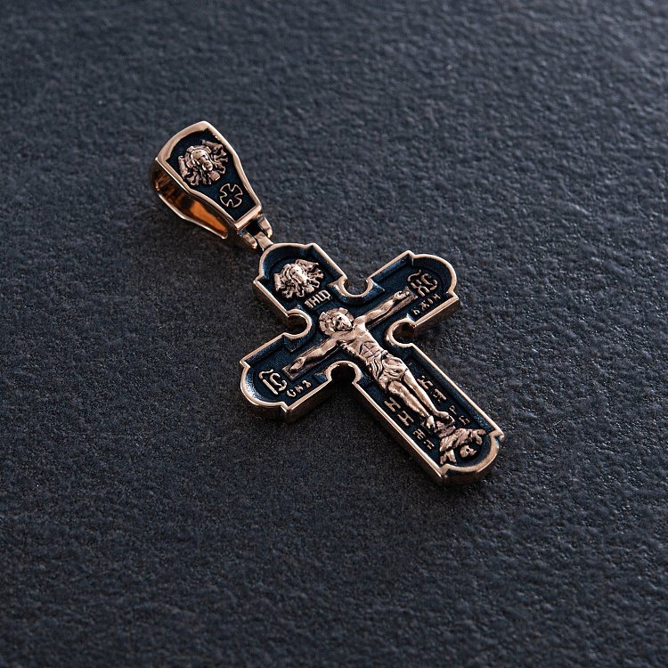 Православный золотой крест "Распятие Христово. Спас Нерукотворный. Икона Божией Матери знамение. Святитель Николай" п02699 от ювелирного магазина Оникс - 6