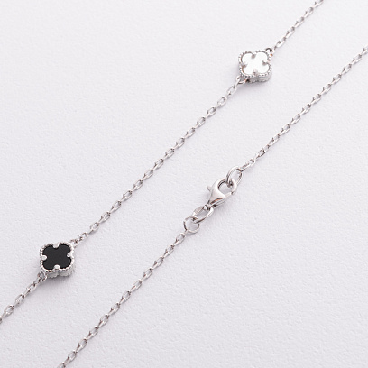 Серебряное колье "Клевер" (оникс, перламутр) 181351 №3