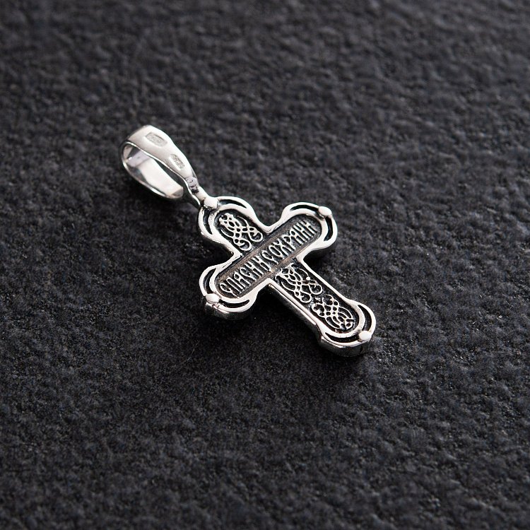Срібний хрест "Розп'яття. Спаси і збережи" з чорнінням 132705 від ювелірного магазину Онікс - 3