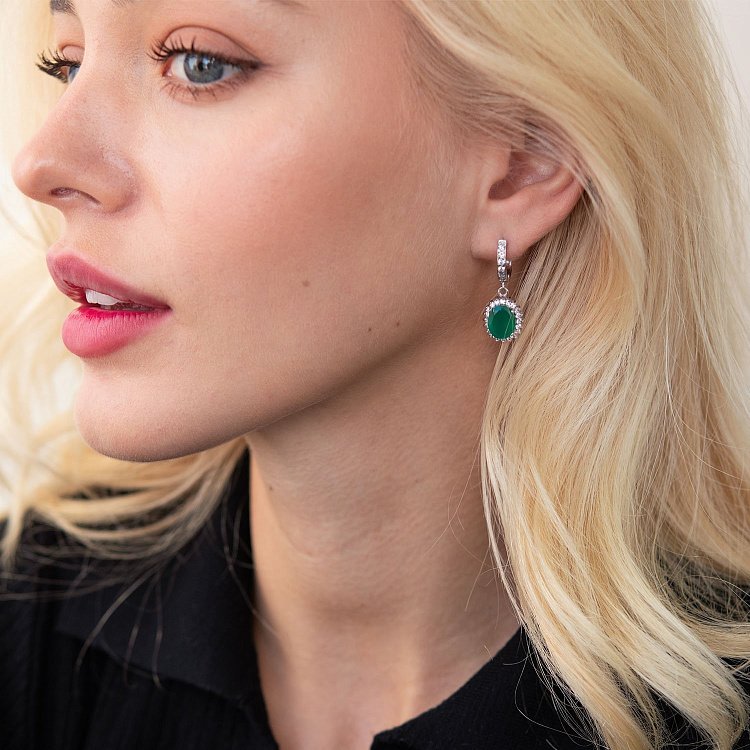 Серебряные серьги (хризопразы, фианиты) 121387 от ювелирного магазина Оникс - 1