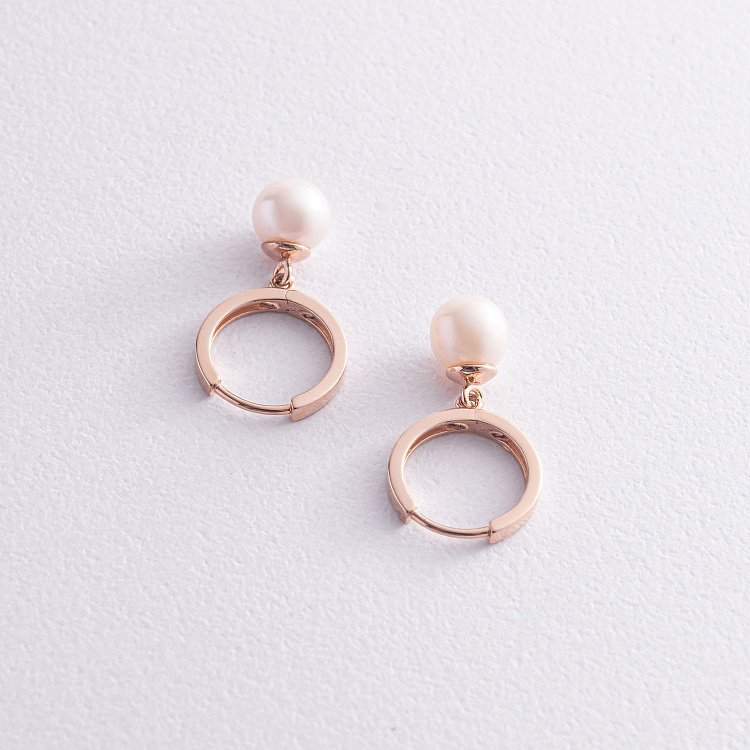 Золотые серьги - кольца с жемчугом с08273 от ювелирного магазина Оникс - 2