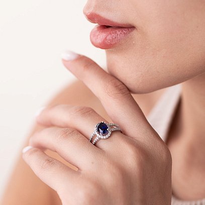 Срібна каблучка з сапфіром і фіанітами 1351/1р-HSPH №2