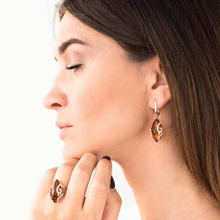 Золоті сережки (бурштин, фіаніти) с05378 від ювелірного магазину Онікс