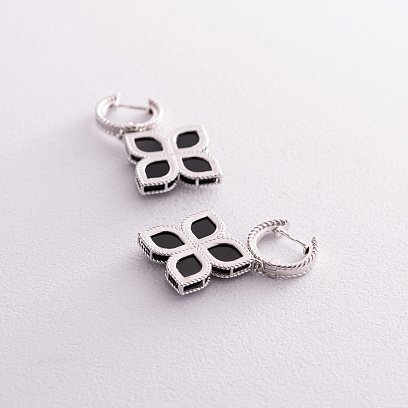 Серебряные серьги "Клевер" (фианиты, полимер) 123250 №5