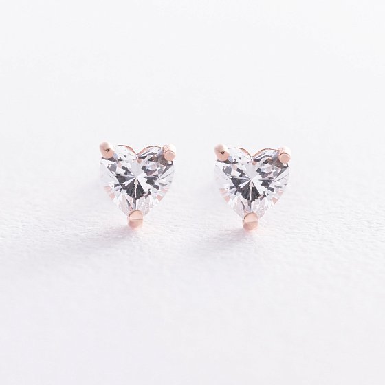 Золоті сережки - пусети "Сердечки" з куб. цирконієм (Swarovski) 1119к №3