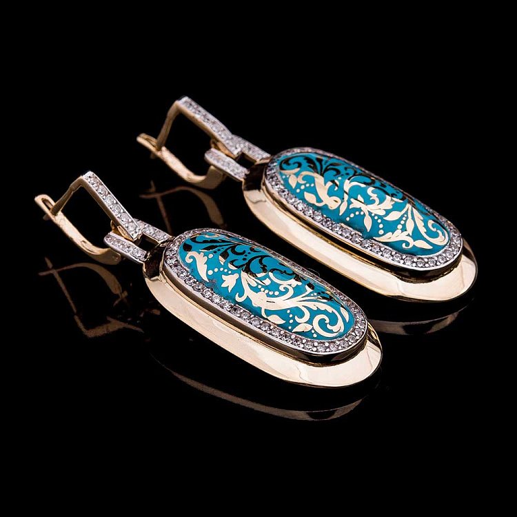 Золоті сережки з емаллю і фіанітами с03847 від ювелірного магазину Онікс - 1